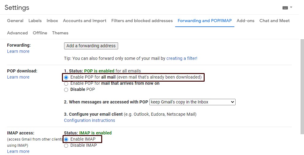 enable imap and pop in Gmail