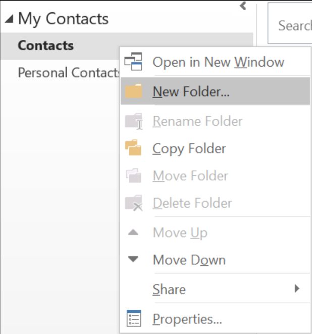 right-click on current contact folder and pick the new folder