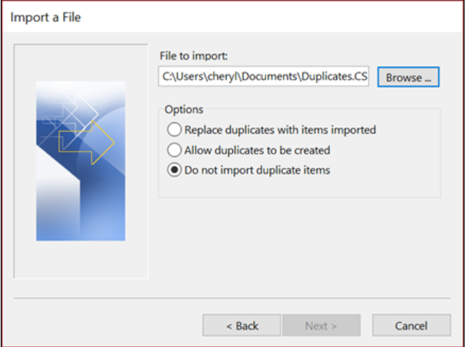 import file back into outlook and choose the option do not import duplicate option
