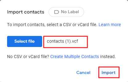 Click import VCF file to Gmail