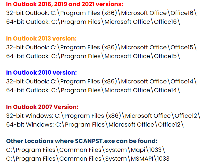 ScanPST locations for different outlook versions