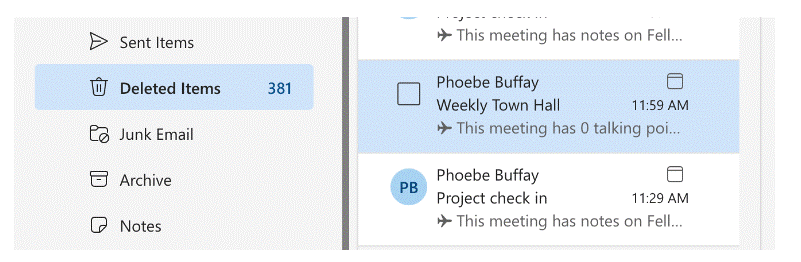deleted item in outlook