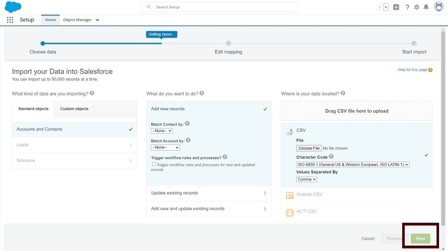 select the exported Outlook CSV