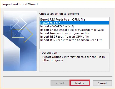 Select the export to a file option