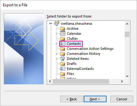 select contacts folder