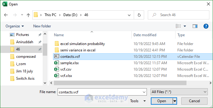 VCF contacts file